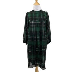 Ann Taylor Dress Women XS Extra Small Petite Multi Plaid Sheer Sleeves High Neck